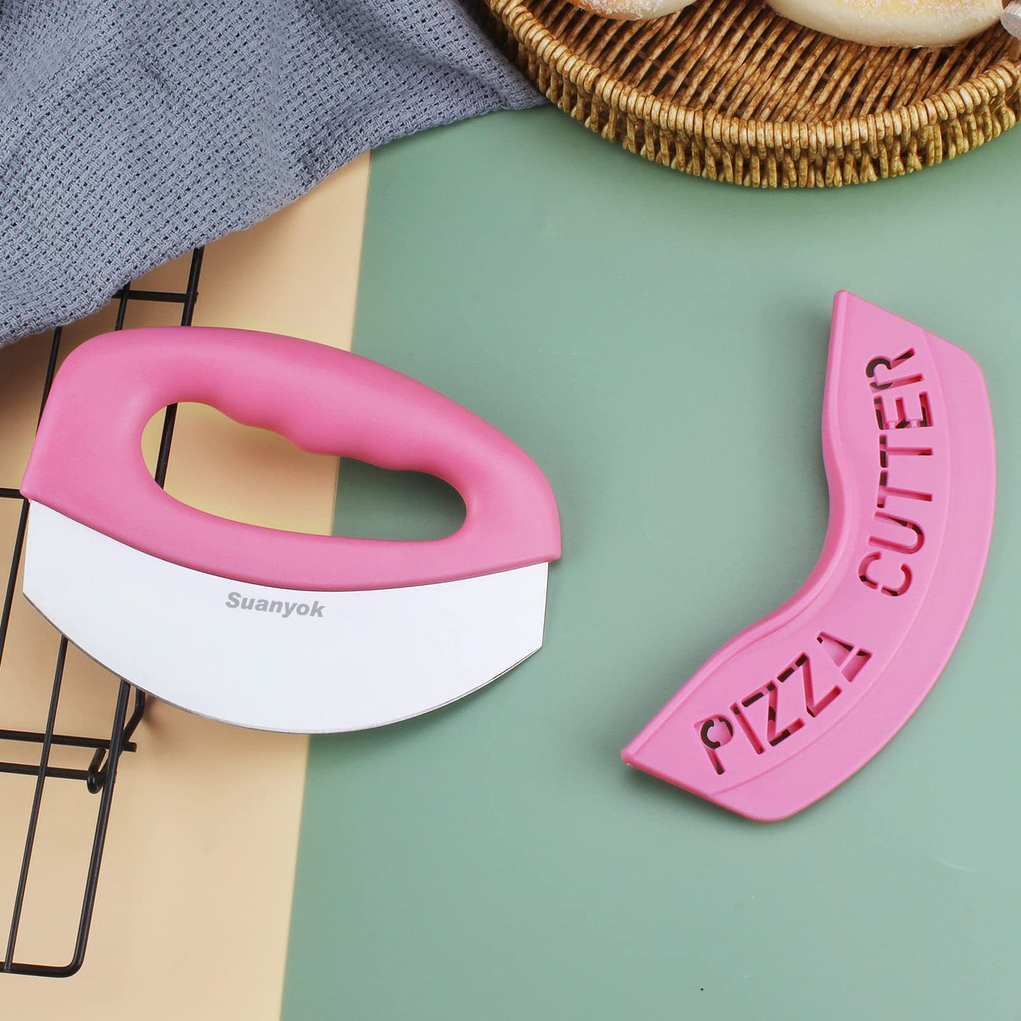 Suanyok Premium Pizza Cutter Food Chopper-Super Sharp Blade Stainless Steel Pizza Cutter Rocker Slicer with Protective Sheath Multi Function Pizza Knife Kitchen Tools,Dishwasher Safe (Pink)