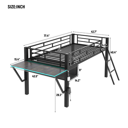 Merax Mid Loft Bed Twin Size with Desk, Metal Gaming Loft Bed with LED Light, for Teens & Adults, Black