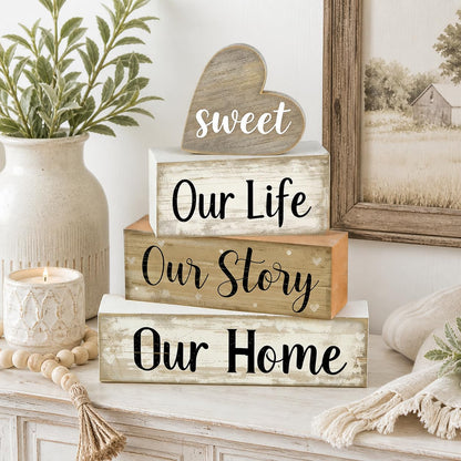 4 Pcs Farmhouse Table Decor, Wooden Heart Tiered Tray Decorations with Sweet Home Sign, Rustic Our Life Our Story Our Home Decor for Table, Kitchen, Office, Mantel, Shelf, Housewarming Gift