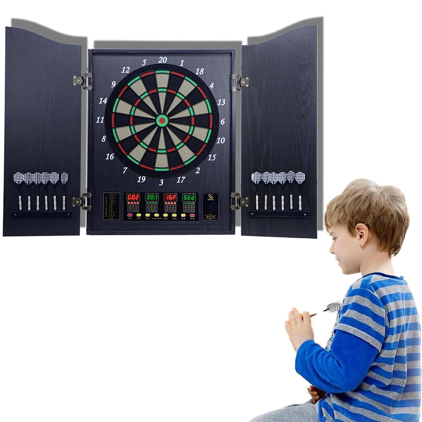 Electronic Dart Board, Wooden Box Dartboard with 12 Soft Tip Dart, 18 Inch LED Digital Dart Boards, Multiplayer/Multiple Ways to Play, Darts Competition