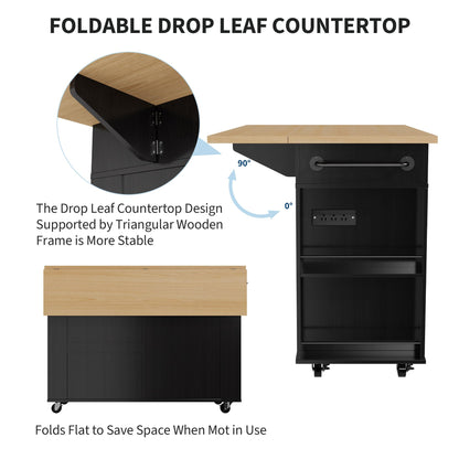GarveeHome Rolling Kitchen Island with Drop Leaf Countertop, Charging Station & Ample Storage - 47.2 in Mobile Kitchen Cart On Wheels with Pull-Out Shelves, Drawers, Spice Rack & Organizer Divider