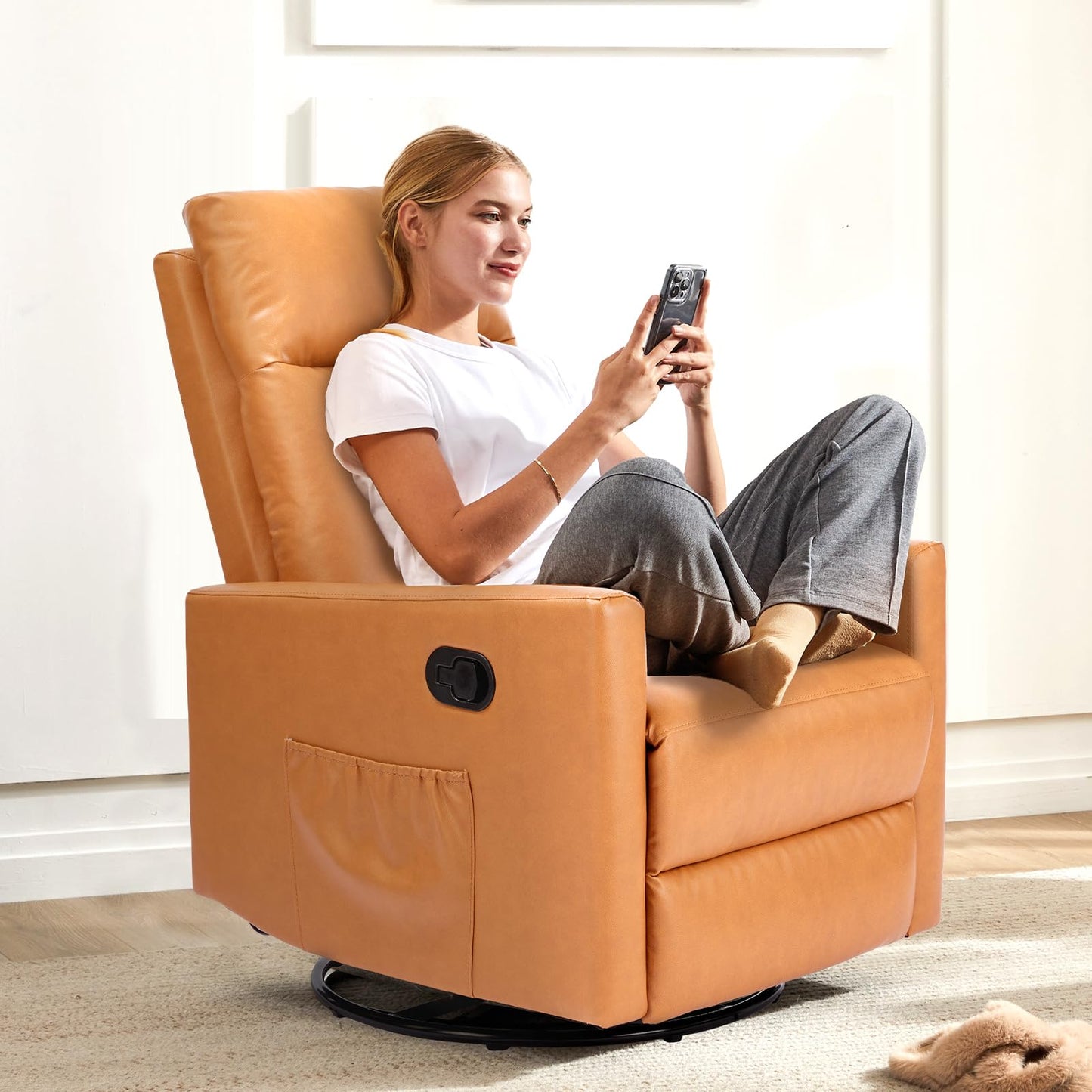 Sweetcrispy Recliner Chair, 360 Swivel Rocker Chair for Adults, Glider Rocker Recliners, Nursery Chairs for Living Room, High Back, Upholstered Deep Seat, Classical Brown