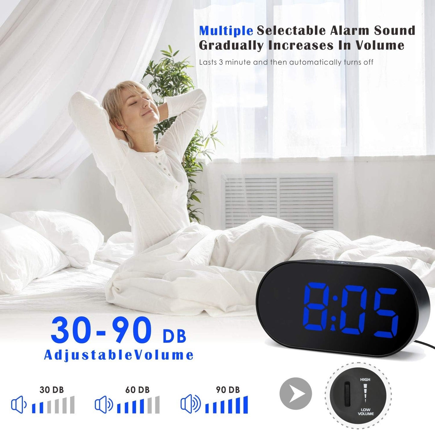 Plumeet [Updated Version] LED Alarm Clock with Adjustable Brightness Dimmer, Blue Digit Display, USB Port, Navy Blue