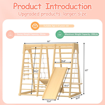 Toddler Jungle Gym, 66" Indoor Playground Set with Swing, Rock Climb Wall, Slide, Monkey Bars, Wood & Rope Ladder, Rope Wall Ladder for Kids 1-8yrs