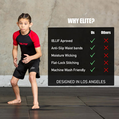 Elite Sports Kids Jiu Jitsu BJJ Rash Guard, Short Half Sleeve Compression Shirt for Youth Boys Girls Sports Nogi Training Red