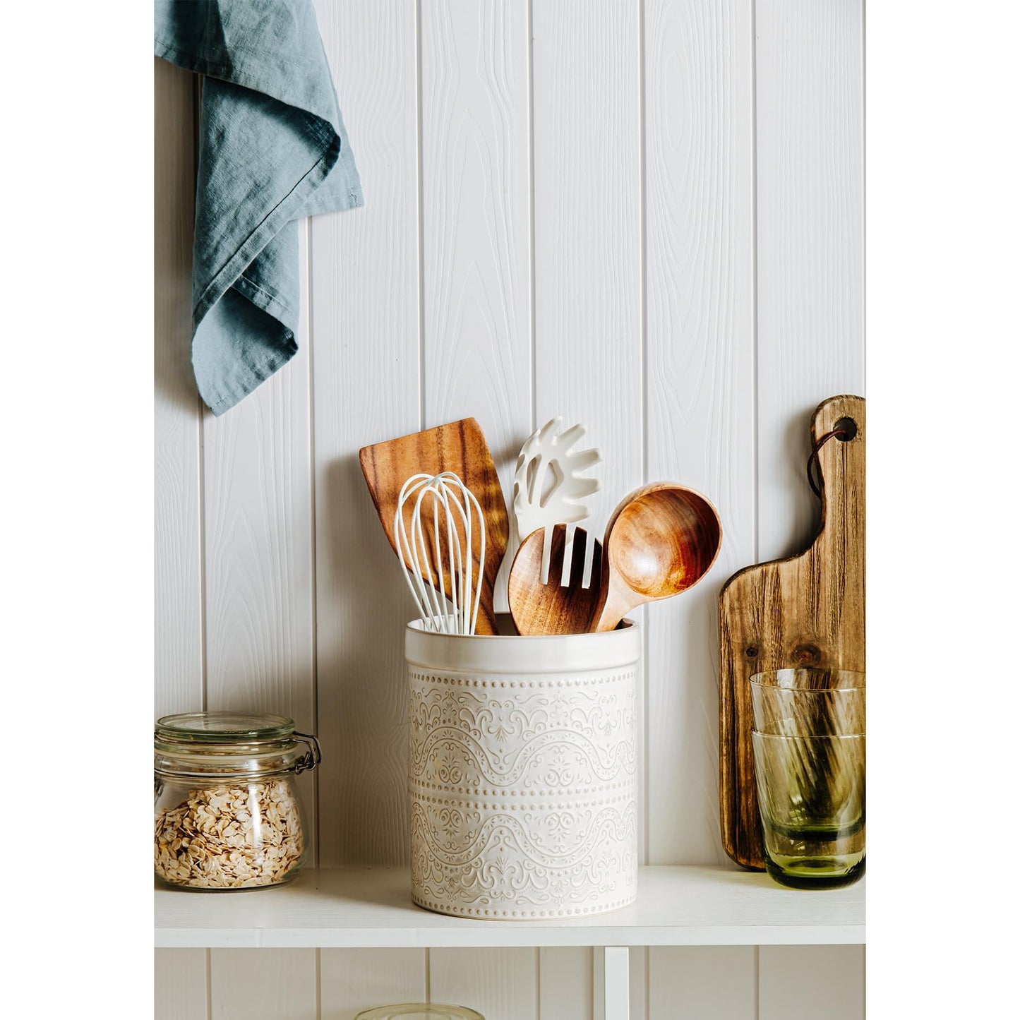 MIKIGEY Kitchen Utensil Holder, 7 Inches Large Ceramic Utensil Holder for Countertop, Lace Emboss Cooking Utensil Crocks for Kitchen, Home Decor, Off-White