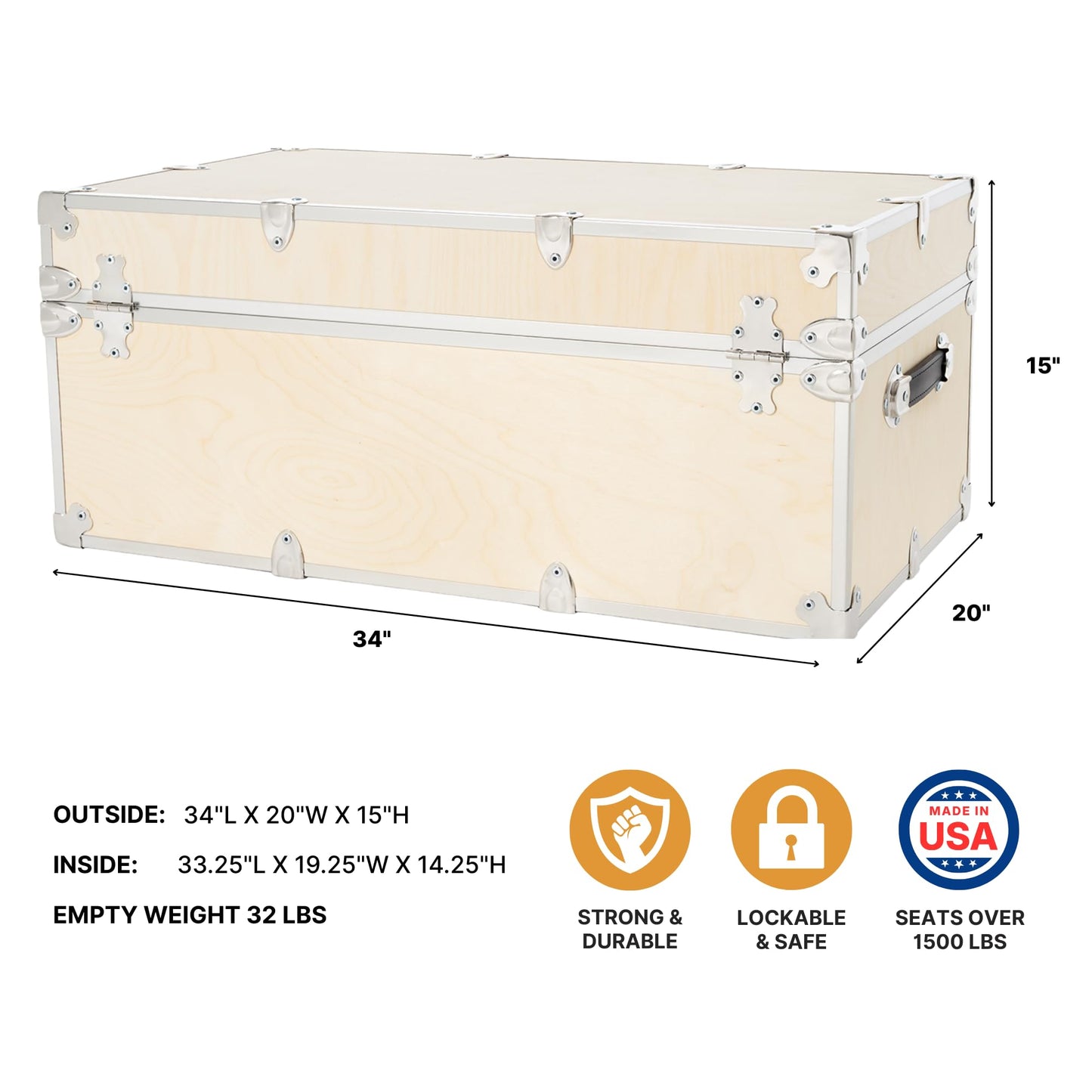 Rhino Trunk & Case Naked XL Trunk with Wheels - 34"x20"x15", 1500+ lbs Capacity, Soft-Close Lid. Strong, USA Made Summer Camp Footlocker, Secure College Dorm Chest, Natural Wood Home Storage Box