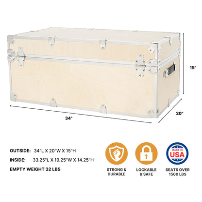 Rhino Trunk & Case Naked XL Trunk with Wheels - 34"x20"x15", 1500+ lbs Capacity, Soft-Close Lid. Strong, USA Made Summer Camp Footlocker, Secure College Dorm Chest, Natural Wood Home Storage Box