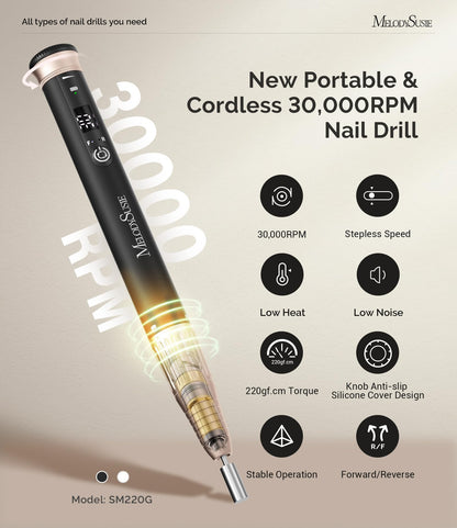 MelodySusie Professional Cordless Nail Drill SM220G Black, 30,000RPM Portable Electric Nail File, Low Noise & Low Vibration Coreless Motor, with 6 Bits & Sanding Bands Kit for Nail Salon & Home
