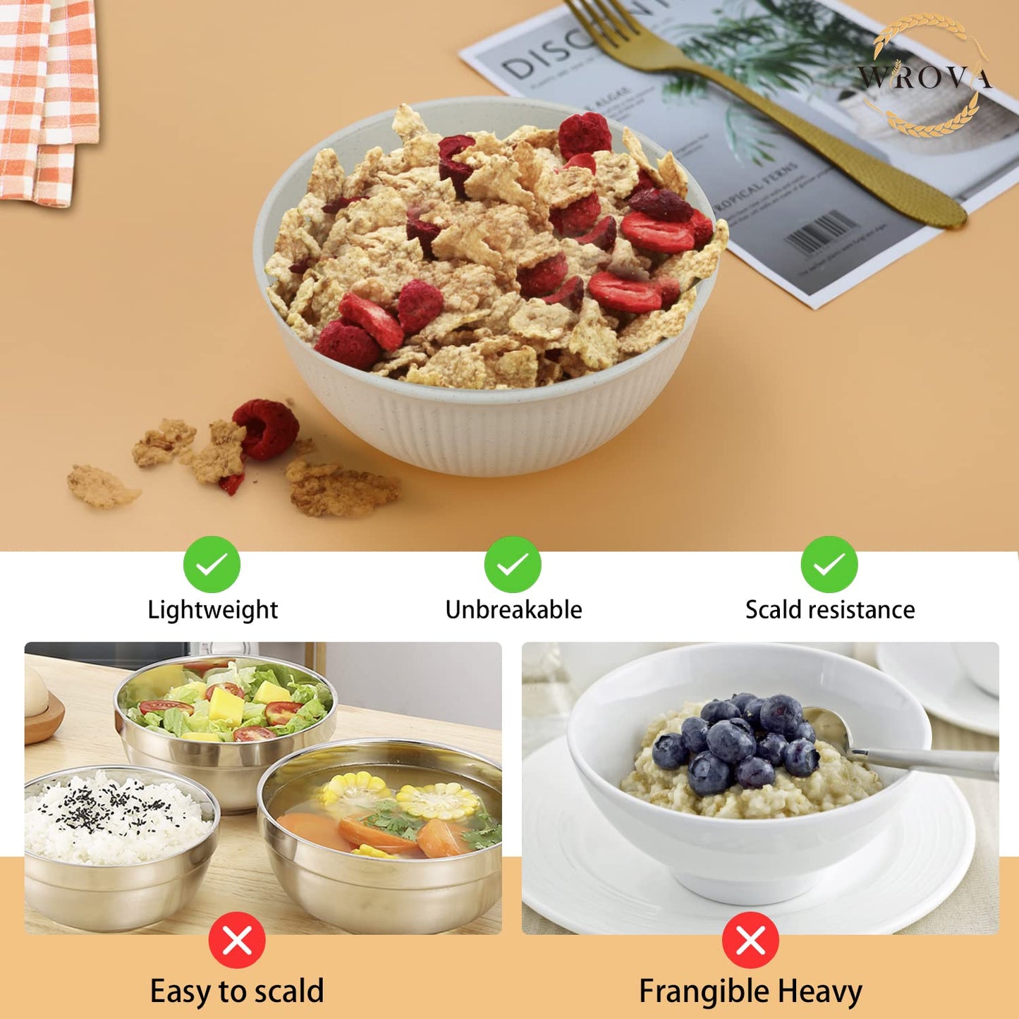 Wrova Wheat Straw Bowl Sets,8 PCS Unbreakable Cereal Bowl 26 OZ,Microwave and Dishwasher Safe Bowls,Bowl Sets BPA Free for Serving Soup,Oatmeal and Salad Summer-Sea Series