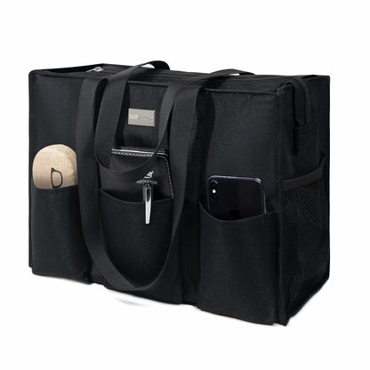 TOPDesign Utility Water Resistant Tote Bag with 13 Exterior & Interior Pockets, Top Zipper Closure & Thick Bottom Support, Perfect Gifts for Working Women, Teachers, Nurses, Accountants (Black)