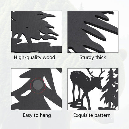 OYEFLY 5 Pieces Deer Bear Pine Tree Wall Decor,Rustic Wood Art Wall Decor (Black)
