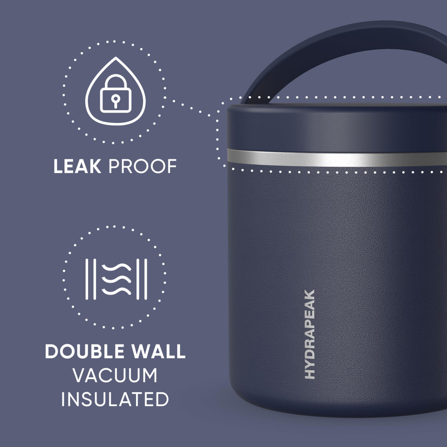 Hydrapeak 25oz Stainless Steel Vacuum Insulated Food Jar | for Hot Food and Cold Food, Wide Mouth Leak-Proof Soup for Adults, 10 Hours Hot and 16 Hours Cold (Navy)