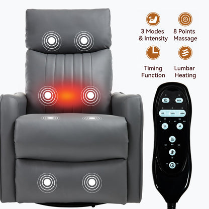 KEIKI 4-in-1 Manual Swivel Rocker Recliner Chair for Living Room, Faux Leather Nursery Glider Rocking Chairs with Back Massager & Heat, Built for RV Travel Living and Mobile Home, Grey