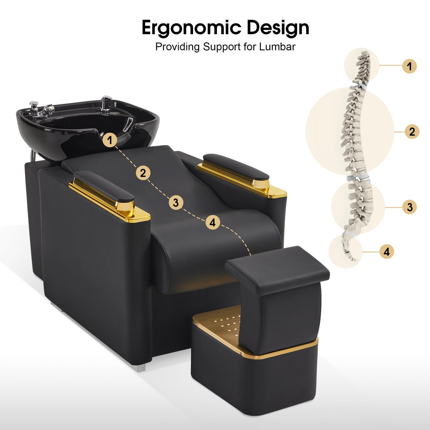 BarberPub Backwash Shampoo Station Chair with Porcelain Ceramic Hair Wash Bowl, Vacuum Breaker, Professional Black&Gold Shampoo Chair for Salon and Spa 8613 (Black)