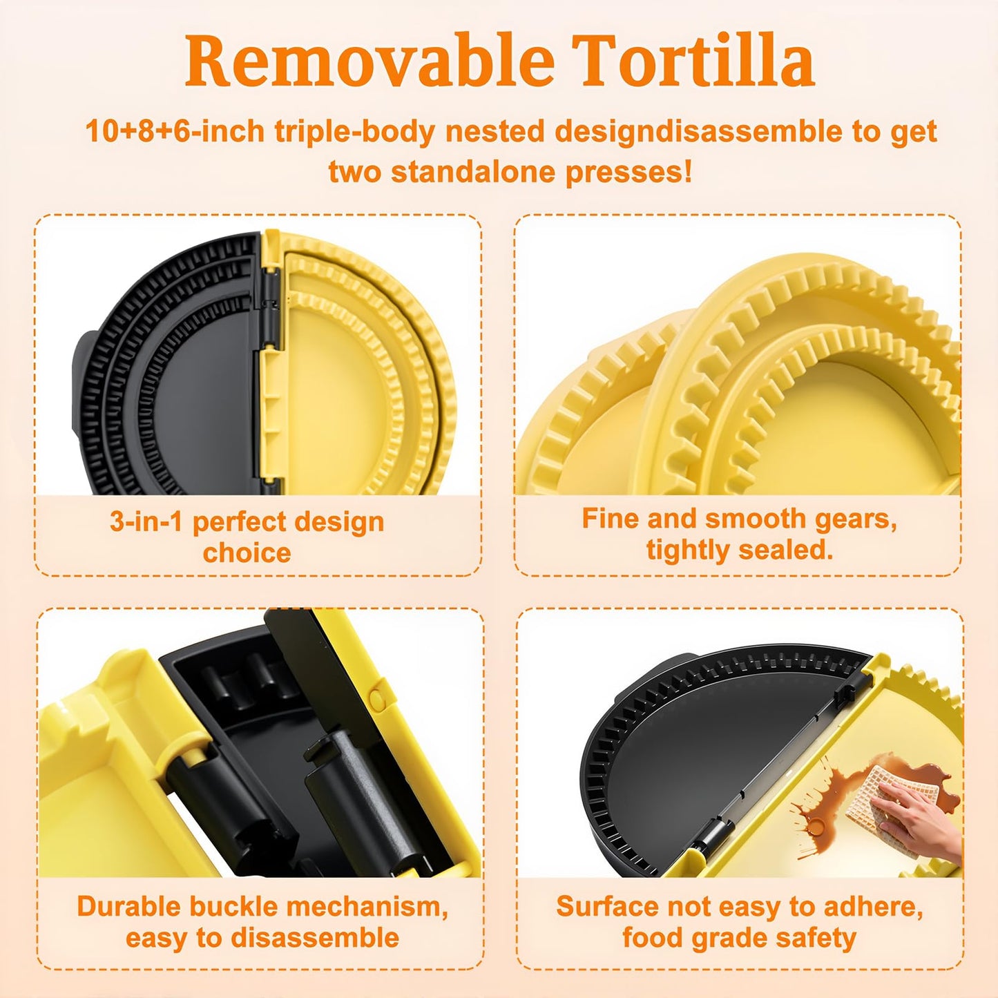 3-in-1 Tortilla Sealer - For 10, 8, 6 Inch Flour Tortillas,Detachable Tortilla Maker Press for Quesadilla, Empanada, Taco, Burrit | Mess-Free Meals in Seconds | BPA-Free, Dishwasher Safe