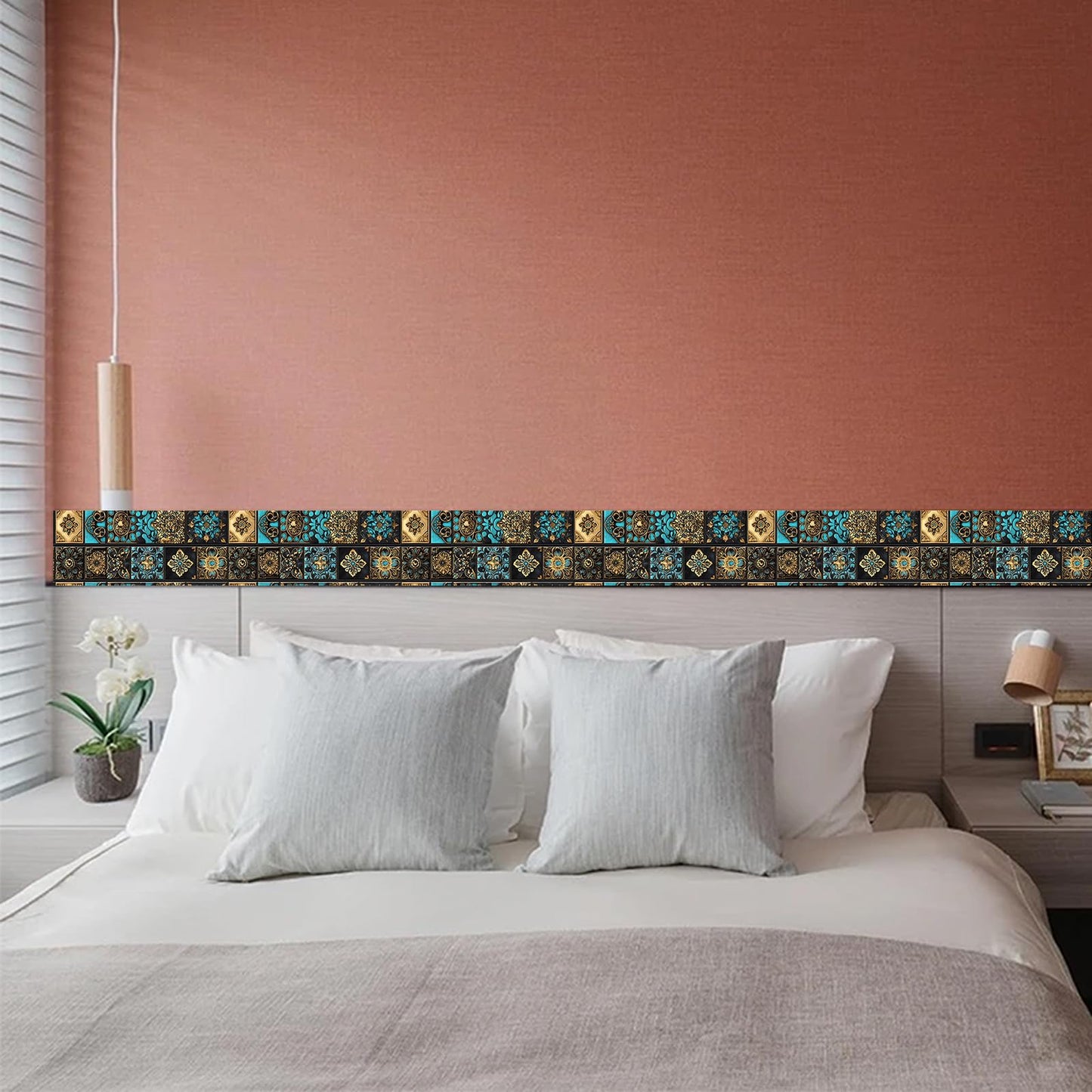 HOMETITUTE Wallpaper Border Peel and Stick Retro Mosaic Tile Wall Trim Paper Wall Decor Self Adhesive Border for Walls Mirror Frame Accent Strip for Bathroom Kitchen Living Room 4x196 Inch
