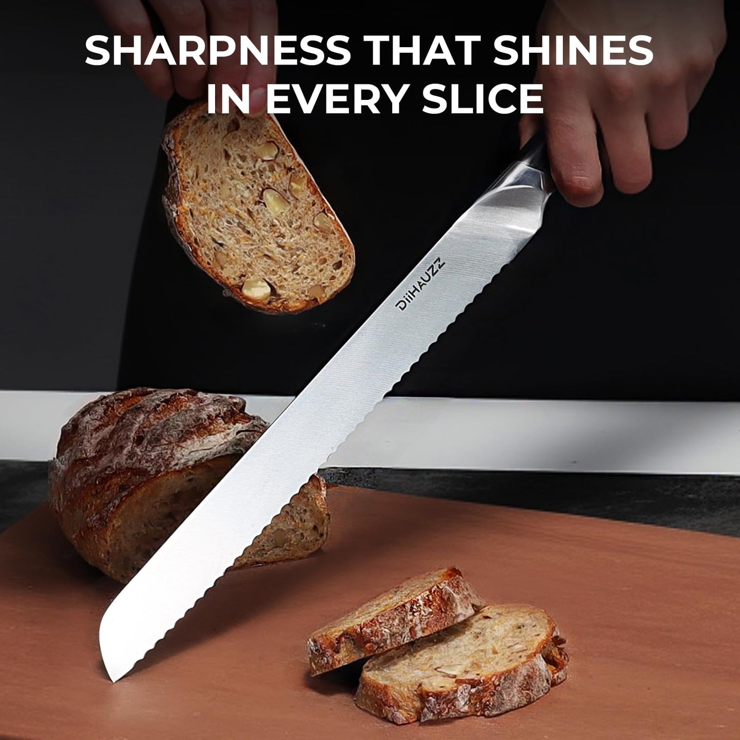 DiiHAUZZ Bread Knife, 10 Inch Serrated Knife for Slicing Homemade Bread, Razor Sharp High Carbon Steel, Professional Bakery Kitchen Knives with Full Tang Ergonomic Handle for Sourdough, Bagel, Cake