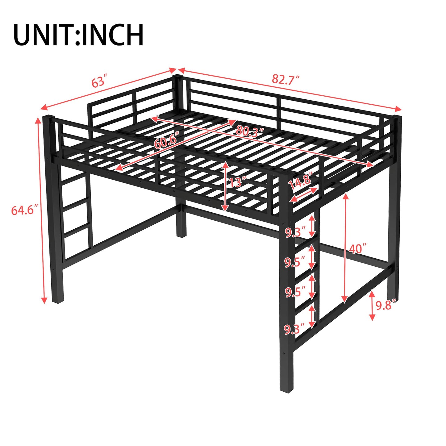 Bellemave Queen Size Loft Bed with 2 Ladder and Guardrails, Metal Loft Bed Frame, for Adults, Kids, Teens, Black