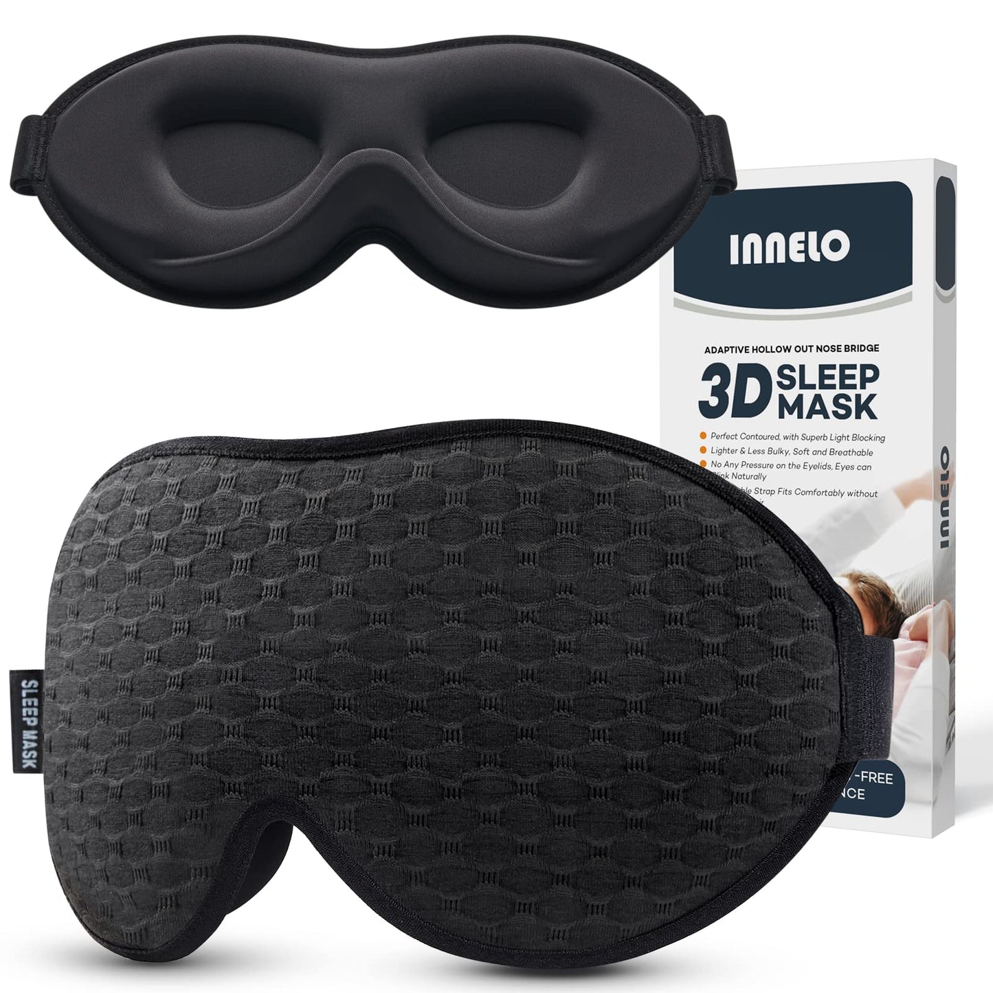 INNELO 3D Contoured Sleep Mask for Side Sleepers, 100% Light Blocking Sleeping Mask for Men & Women, Soft, No Pressure on Eyes, Airplane Blindfold for Travel, Night Eye Cover for Nap, Yoga, Grey