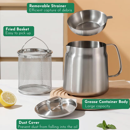 HOMKULA 2-in-1 304 Stainless Steel Multifunctional Deep Fryer Pot with Basket & Strainer, Large Capacity Oil Filter Pot, Bacon Grease Container with Steel Pour for Kitchen, Camping, Cooking (68oz/2L)
