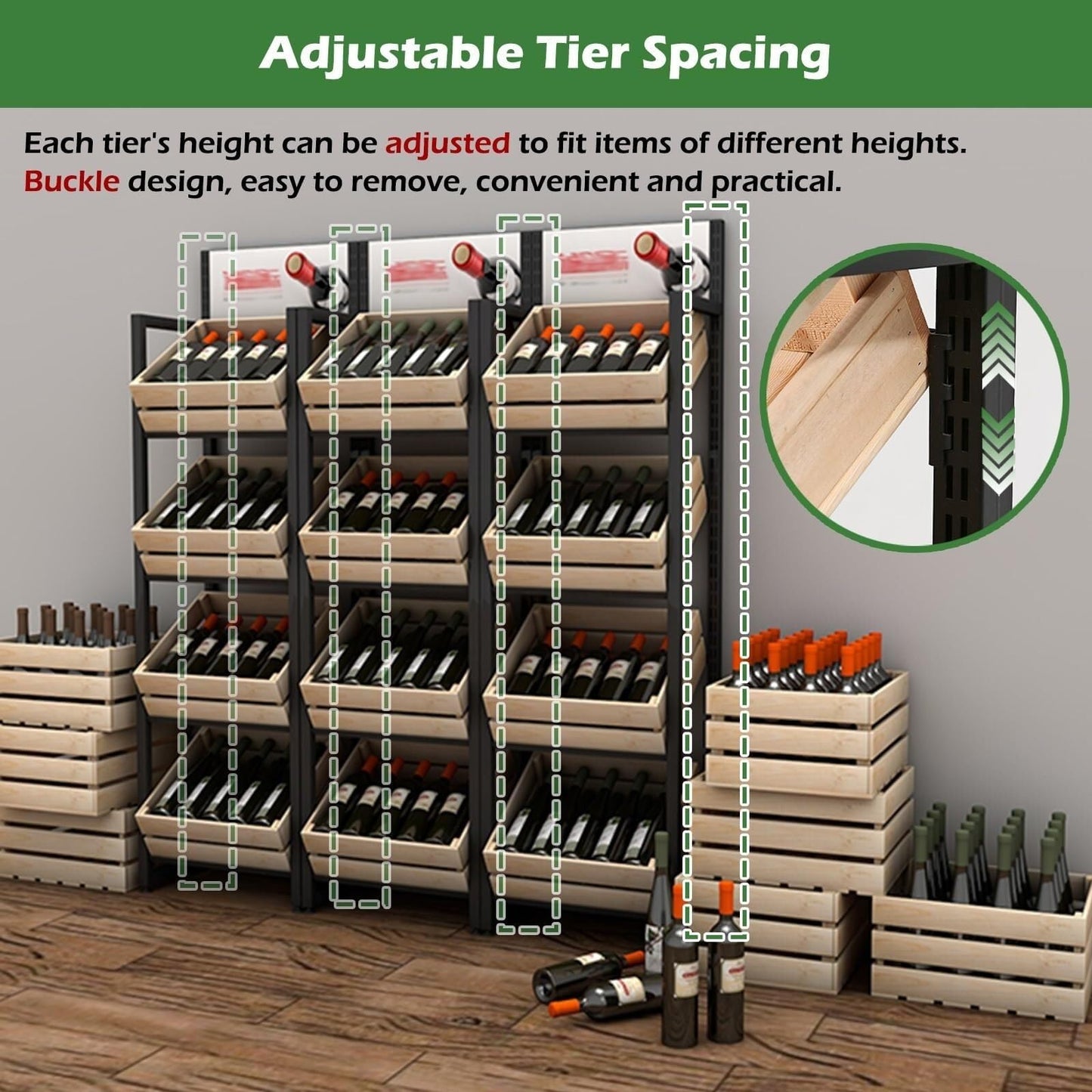 KYTGFH Commercial Supermarket Fruit Vegetable Shelf, Large Capacity Retail Snack Rack Display with Wood Baskets for Kitchen Storage.4 Tier,White Rack+Wooden Box