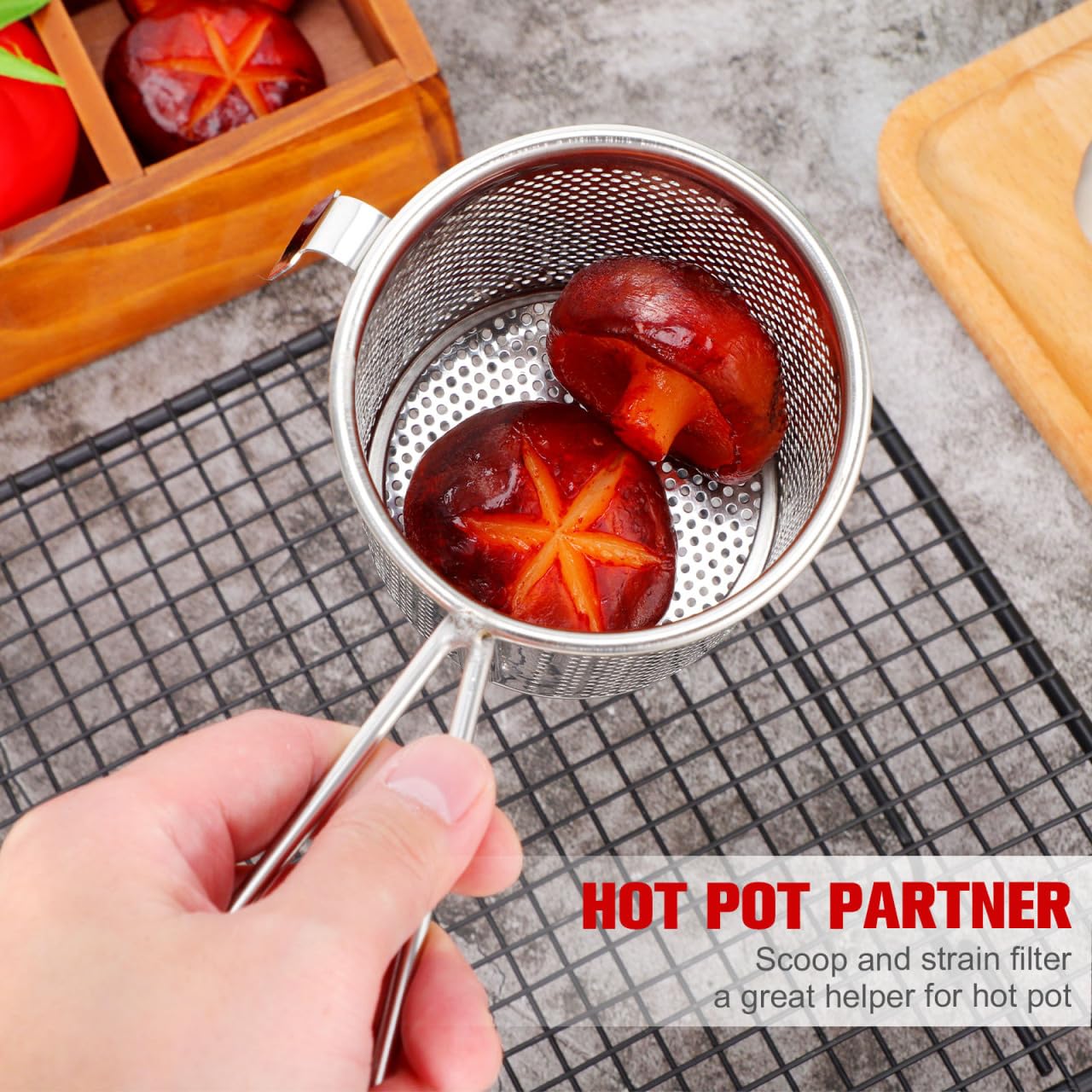 Luxshiny Hot-Pot Side Colanders Stainless Steel Mesh Strainer 6.49 Inch Hanging Basket for Cooking Noodles and Blanching in Kitchen
