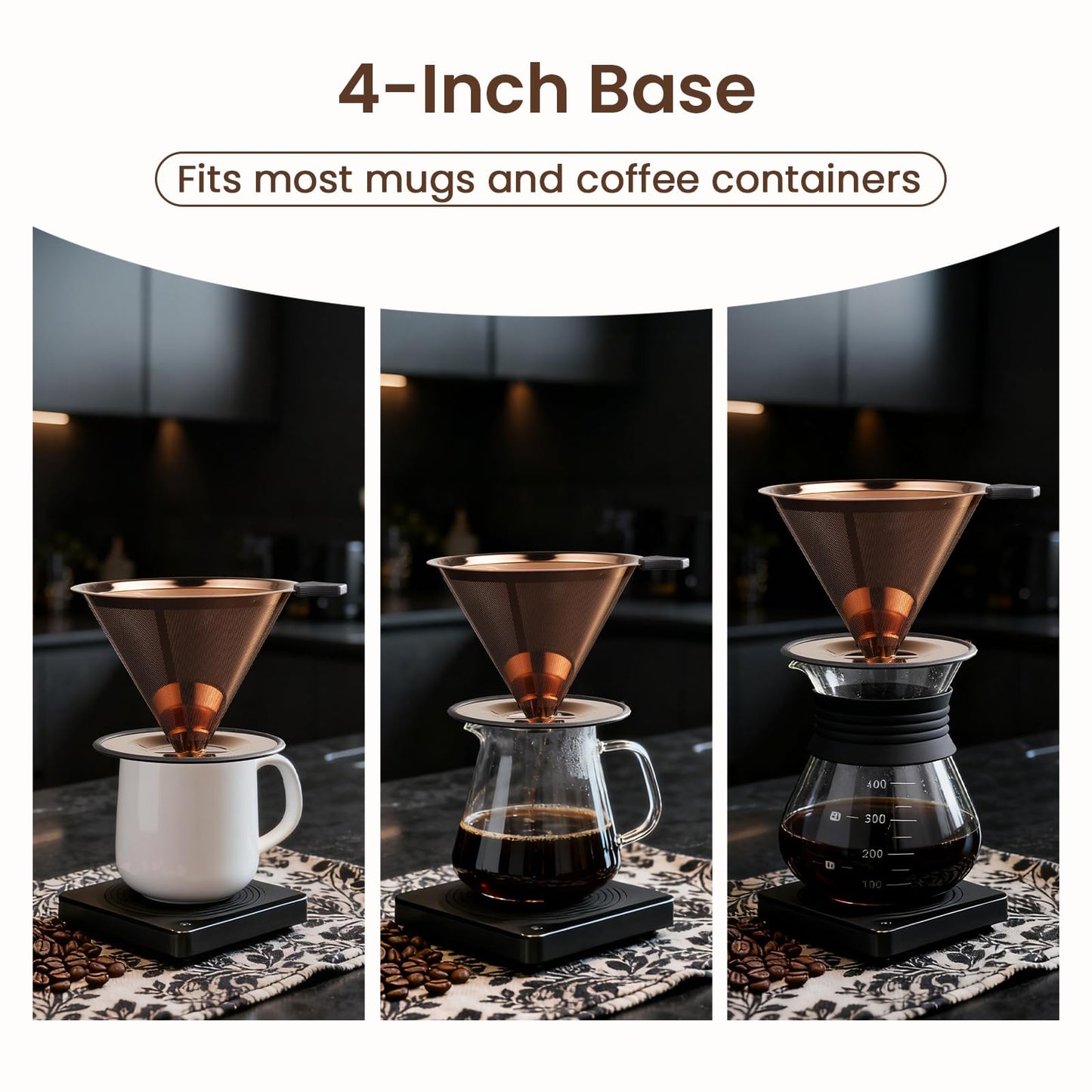 【2.0 Upgraded】Pour Over Coffee Dripper, Stainless Steel Drip Cone Brewer, Reusable Metal Coffee Strainer with Non-Slip Ring & Handle, Paperless Pour Over Coffee Maker (2.0 Titanium Copper)