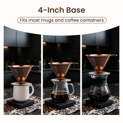 【2.0 Upgraded】Pour Over Coffee Dripper, Stainless Steel Drip Cone Brewer, Reusable Metal Coffee Strainer with Non-Slip Ring & Handle, Paperless Pour Over Coffee Maker (2.0 Titanium Copper)