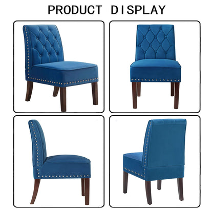 DRM'SCUUM Armless Accent Chairs Slipper: 2PCS Tufted Buttons Slipper Chairs Dining Chairs with Nails Decorative Side Chair for Bedroom Living Room Kitchen (Blue)
