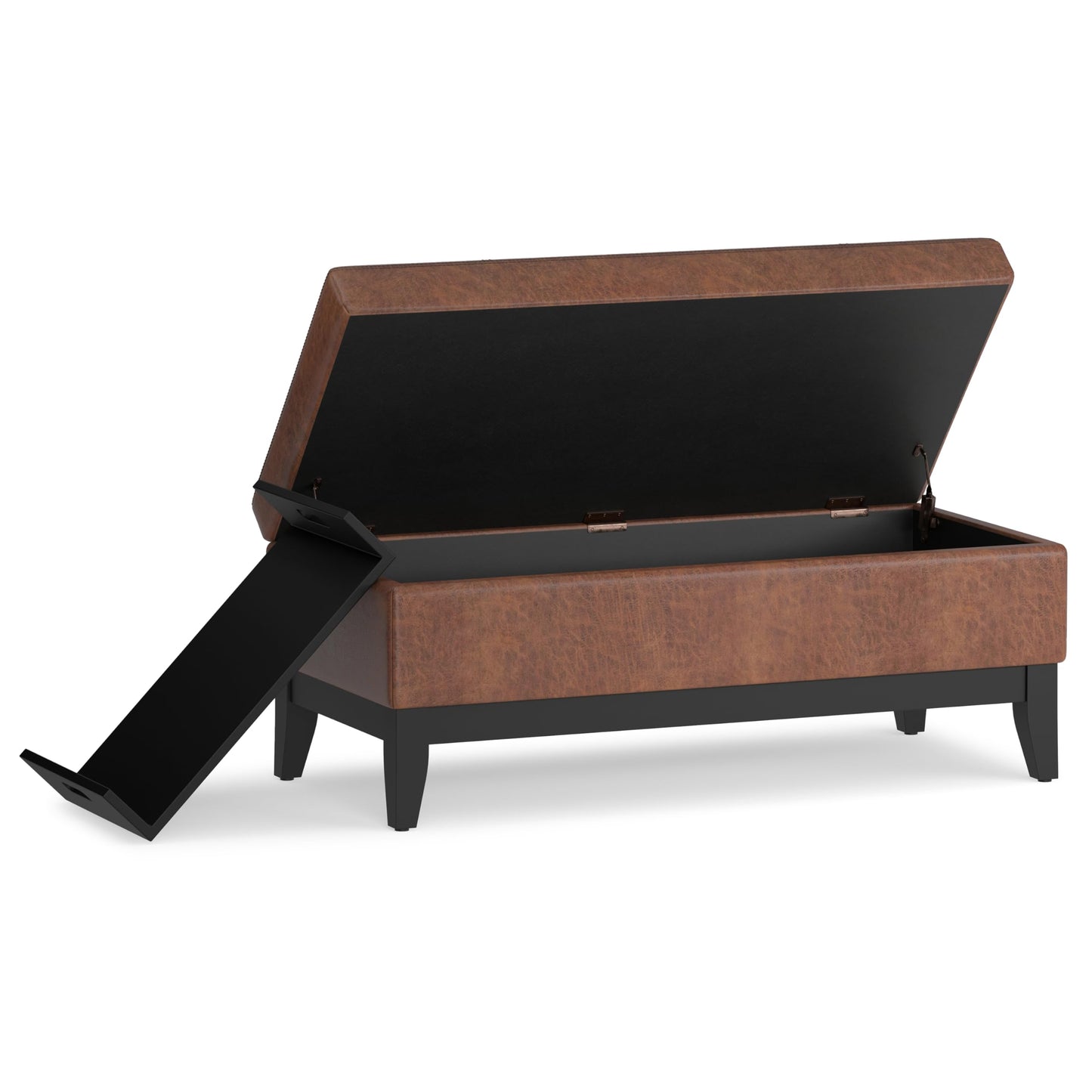 SIMPLIHOME Oregon Storage Ottoman Bench with Tray - 42 inch Wide Vegan Leather Rectangle Storage Ottoman Bench in Distressed Saddle Brown, Transitional Tufted Ottoman for Living Room with Lift-Up Lid