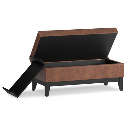 SIMPLIHOME Oregon Storage Ottoman Bench with Tray - 42 inch Wide Vegan Leather Rectangle Storage Ottoman Bench in Distressed Saddle Brown, Transitional Tufted Ottoman for Living Room with Lift-Up Lid