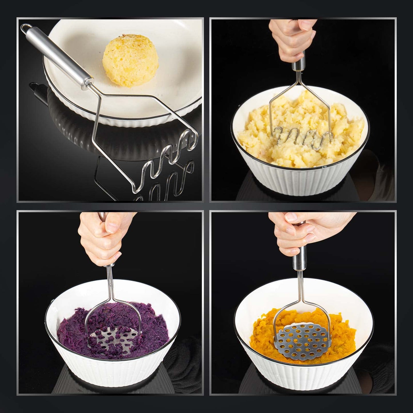 VOOVAO 2 Pcs Potato Smasher, Mashed Potato Masher, Stainless Steel Masher Kitchen Tool for Avocado, Bean, Fruit, Vegetables, Food