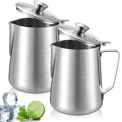 Acellegic 2 Pcs 67 oz/ 2 L Stainless Steel Pitcher with Lid Large Capacity Stainless Steel Metal Water Pitcher with Handle Milk Frothing Jug for Coffee Iced/Hot Tea Latte Art Homemade Beverages