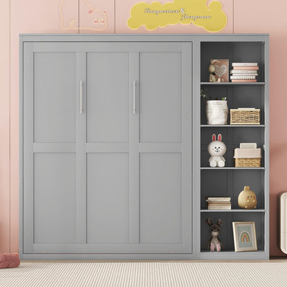 Merax Space-Saving Gray Murphy Bed Full Size with Adjustable Storage Shelves, Multifunctional Foldable Wall Bed for Small Spaces Studio Study Office Guest Room