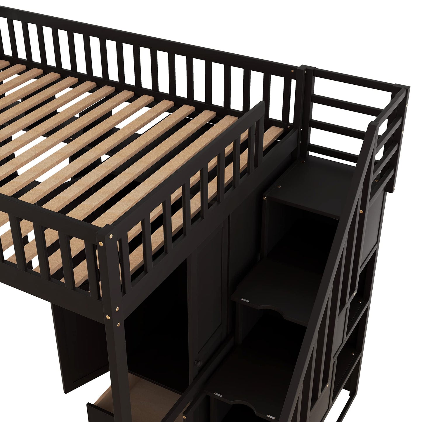 Full Size Loft Beds Stairway Loft Bed Frame with Wardrobe, Desk, Bookcase and Drawers, Espresso