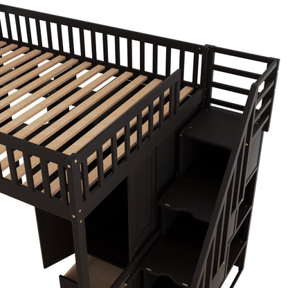 Full Size Loft Beds Stairway Loft Bed Frame with Wardrobe, Desk, Bookcase and Drawers, Espresso