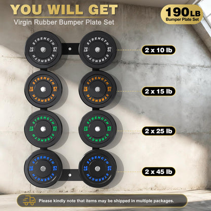 Rendpas 2-Inch Olympic Bumper Plates, 100% Virgin Rubber Low Bounce Barbell Weight for Home Gym Strength Training, 10lb-45lb Black with Color-Coded