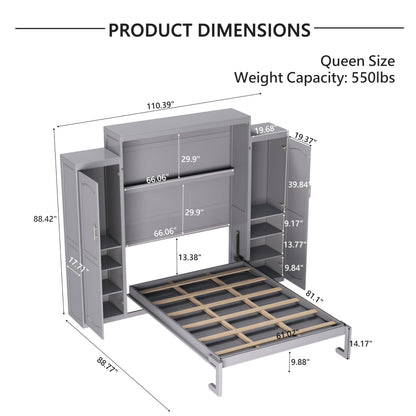 Merax Queen Size Wood Murphy Bed, with 2 Wardrobe and Storage Shelf, Multifunctional Foldable Wall Platform Bedframe for Guest-Room, Bedroom, Gray