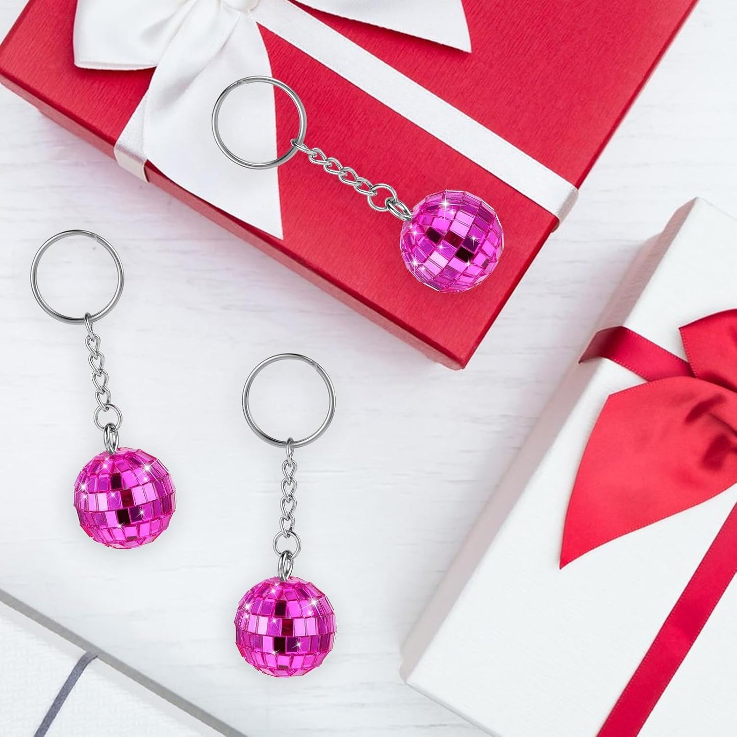 12 Pieces Disco Ball Keychain Party Favors, 70s Silver Mirror Ball Keychain Set for Halloween Christmas Party