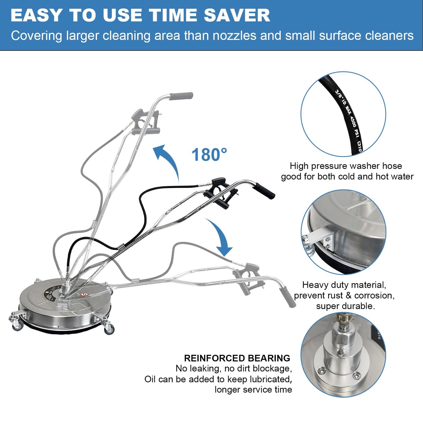 24" Pressure Washer Surface Cleaner with 4 Wheels - Stainless Steel Dual Handle Surface Cleaner 4900 Max PSI, 3/8" Connector & 1/4" Adapter Power Washer Floor Attachment,for Floor Driveway, Patio