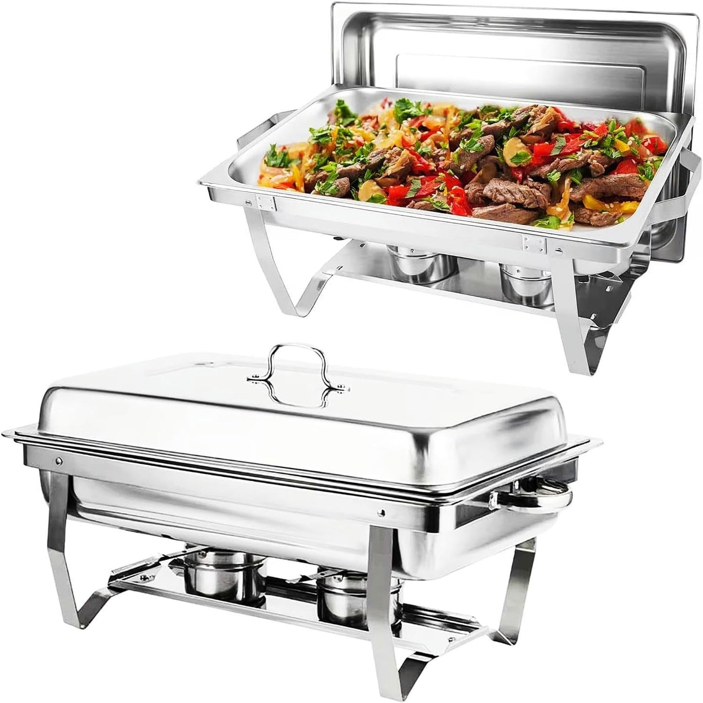 FENOKD Chafing Dish Buffet Set 2 Pack Stainless Steel Chafer for Catering, Full Size Rectangular Catering Chafer Warmer Set with Trays Pan Lid Folding Frame Stand.