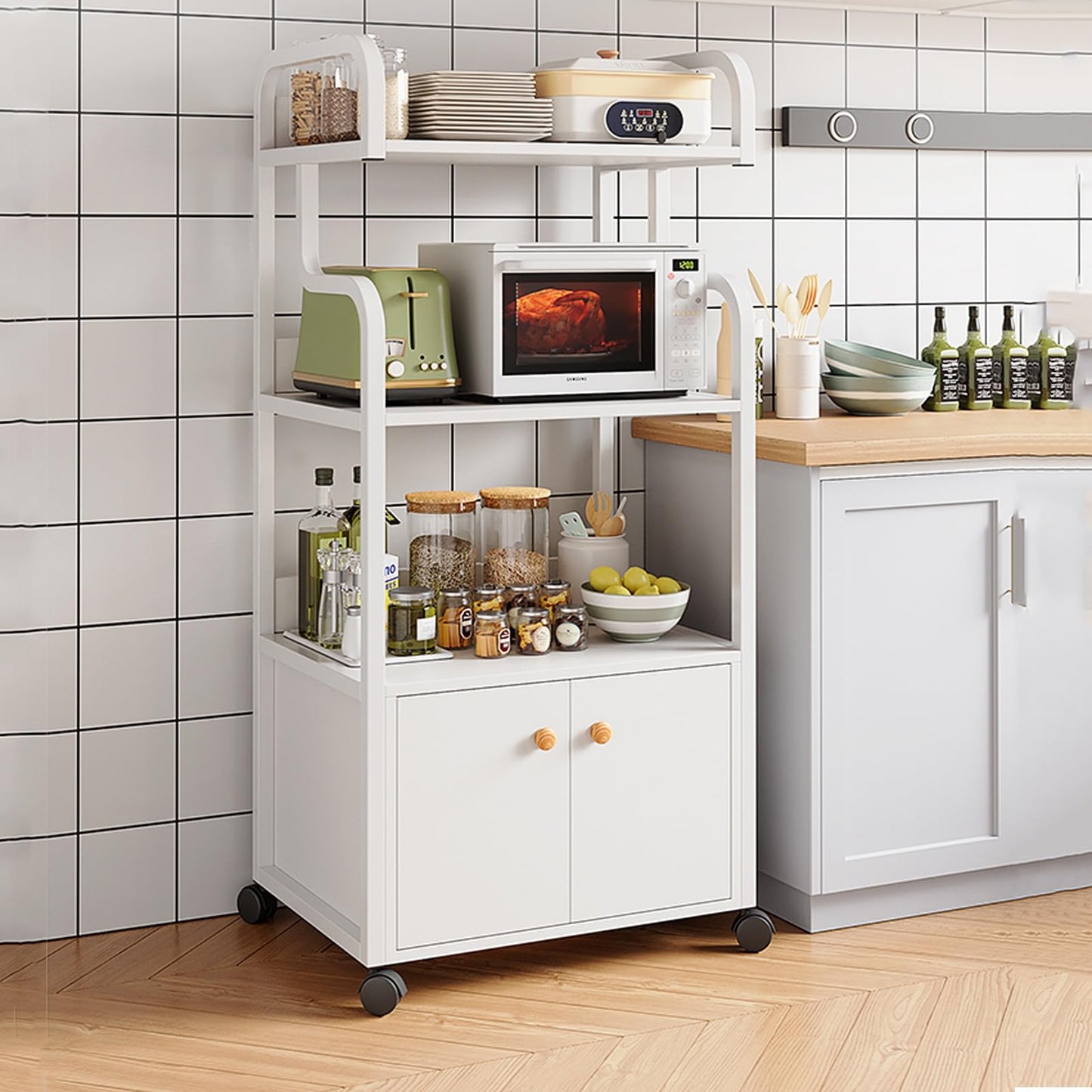 DHXIAMZ Rolling Microwave Storage Rack Kitchen Cabinet nizer Multi-Purpose Shelving Unit for Kitchen Living Room & Entryway Bakery Shelf White 52x34x126.5CM