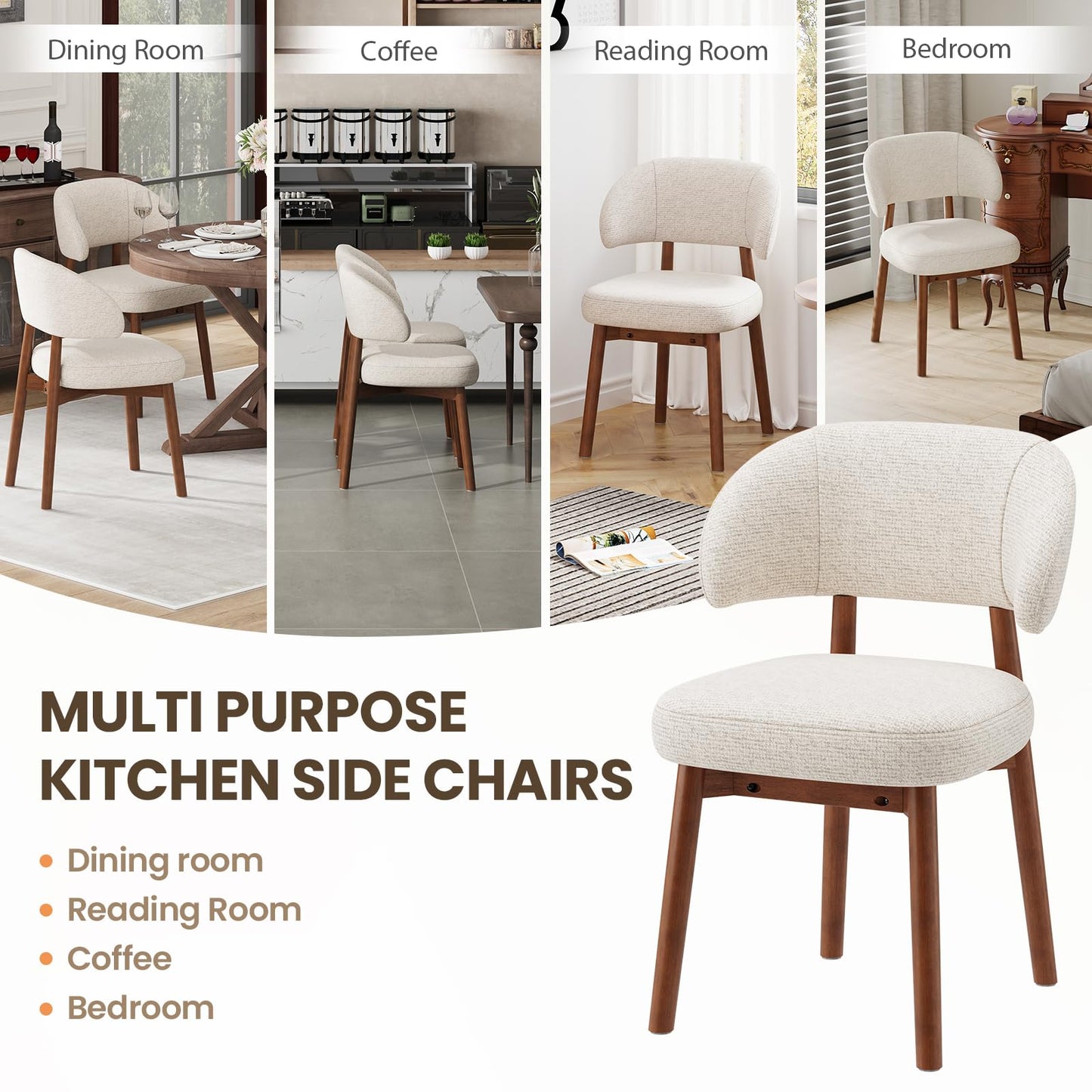 MALOL Wooden Dining Chairs Set of 4, Modern Upholstered Dining Room Chair, Fabric Kitchen Side Chairs with Curved Open Back for Living Room/Restaurant/Cafe, Beige