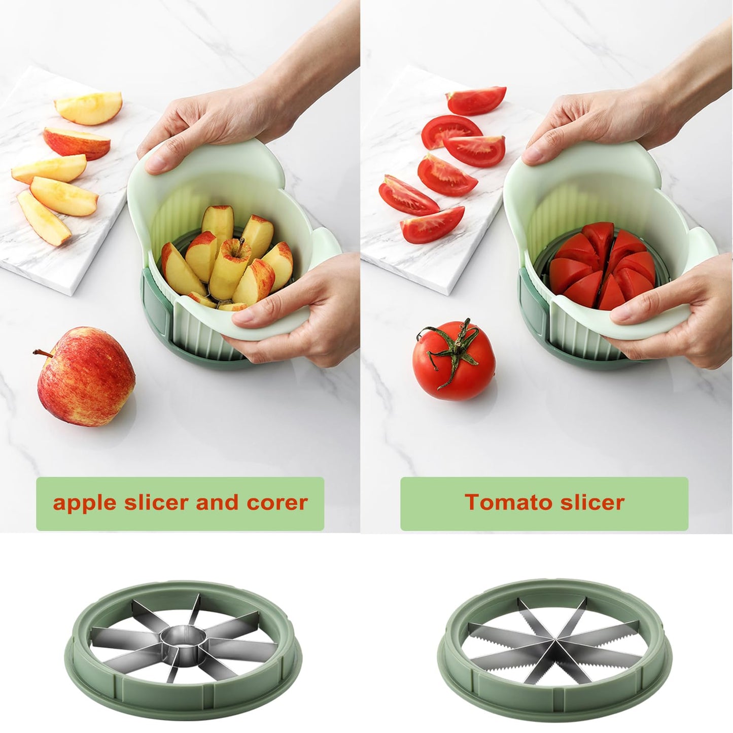 Apple Slicer, 8 Slices Heavy Duty Apple Cutter with Stand, Apple Corer&Tomato Slicer with Comfort Handle，Up to 3.8 IN Apples, The new apple slicer and corer also comes with tomato cutting blades.