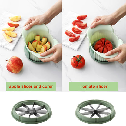 Apple Slicer, 8 Slices Heavy Duty Apple Cutter with Stand, Apple Corer&Tomato Slicer with Comfort Handle，Up to 3.8 IN Apples, The new apple slicer and corer also comes with tomato cutting blades.