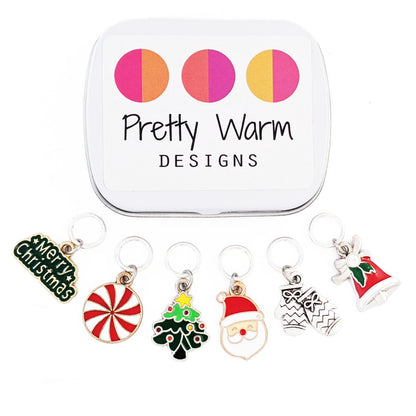 Pretty Warm Designs Christmas Knitting Stitch Markers - Set of 6 Handmade Holiday Enamel Charms in Storage Tin - Snag Free Ring Style Knitting Notions