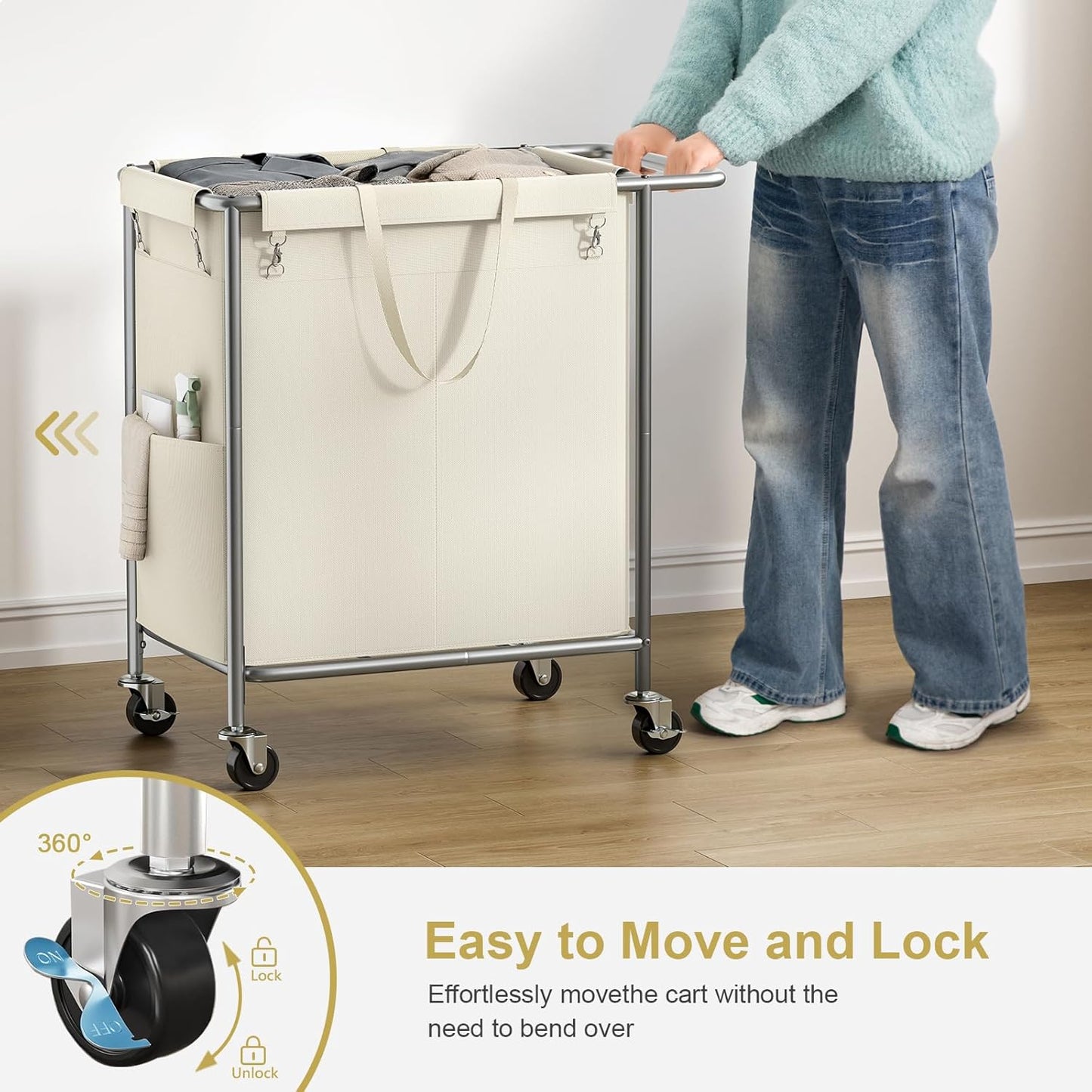 Wheels,160L 2 Chrislley Double Laundry Hamper with Rolling Laundry Basket Section,Steel Frame Laundry Cart with Handle