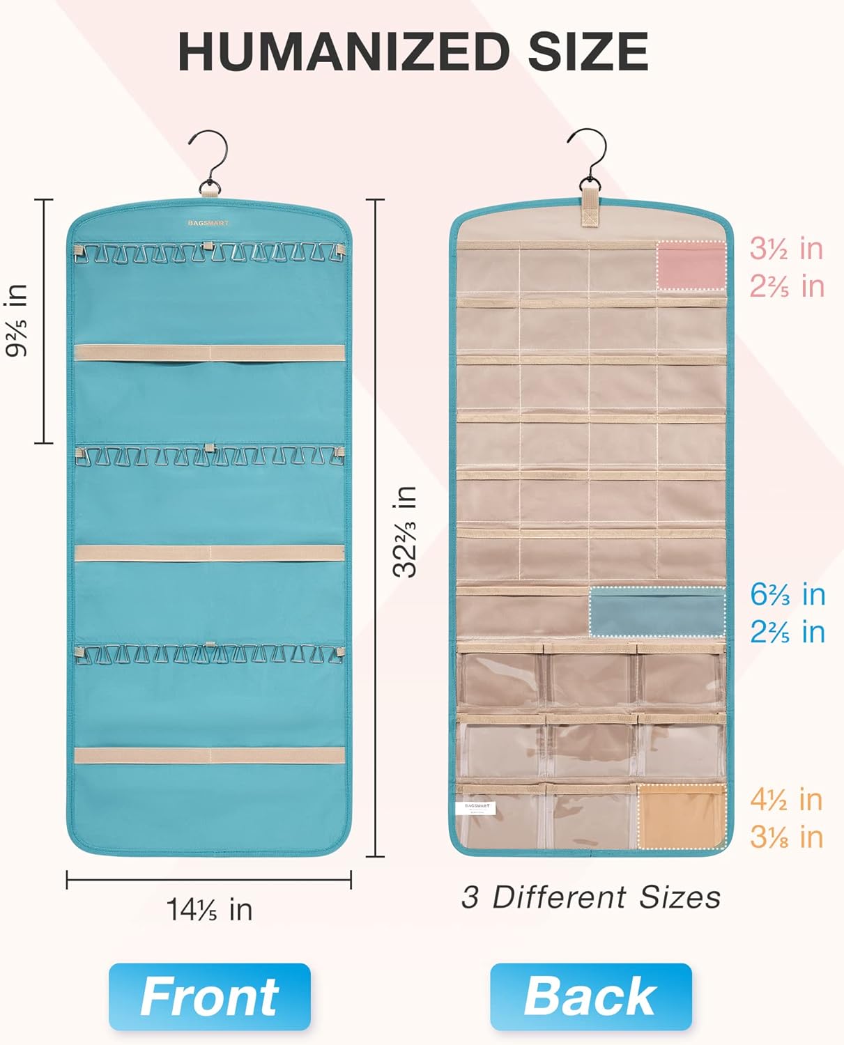 BAGSMART Hanging Jewelry Organizer, Large Teal Necklace Holder with 20 Jewelry Bags, Travel Storage Roll with Pockets