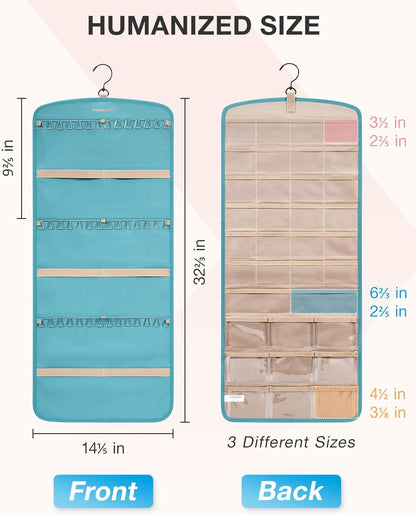 BAGSMART Hanging Jewelry Organizer, Large Teal Necklace Holder with 20 Jewelry Bags, Travel Storage Roll with Pockets